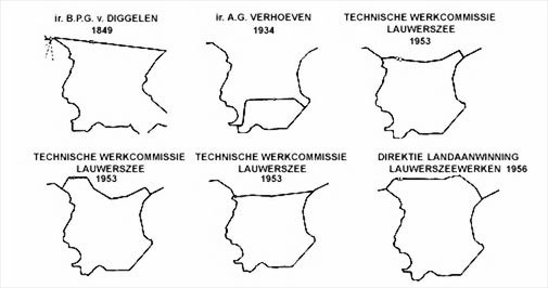 Verschillende plannen om de Lauwerszee in te dammen.