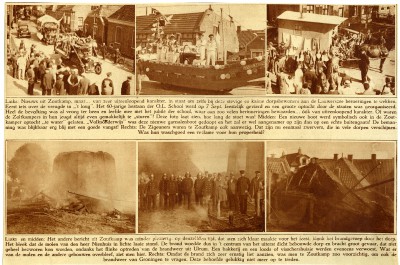 Krantenknipsel met daarop de feestelijke optocht van de school en de daaropvolgende brand van de molen. Foto uit het archief van Wim Mollema
